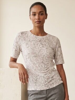 REBECCA TAYLOR Cream & Gray Leaf Print Ruched Short Sleeve Blouse Top